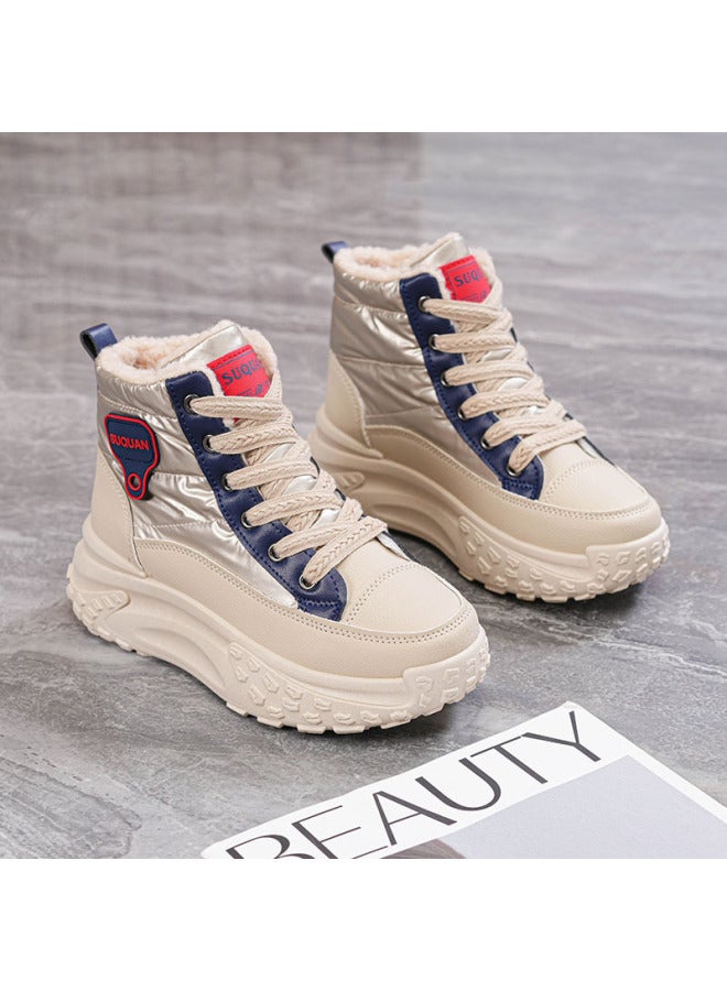 Dad Shoes Harbin Thick-soled Height-increasing Cold-proof Cotton Shoes For Women In Winter, Fleece-lined, Thickened, Warm, Non-slip High-top Snow Boots