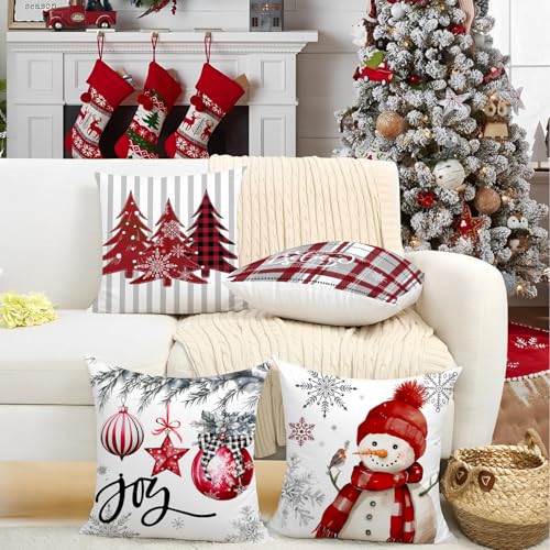 Artmag Christmas Pillow Covers 16x16 Inch Set of 4 Decorative Farmhouse Snowman Joy Believe Christmas Tree Red Pillow Covers for Winter Holiday Home Decor Decoration - Image 3