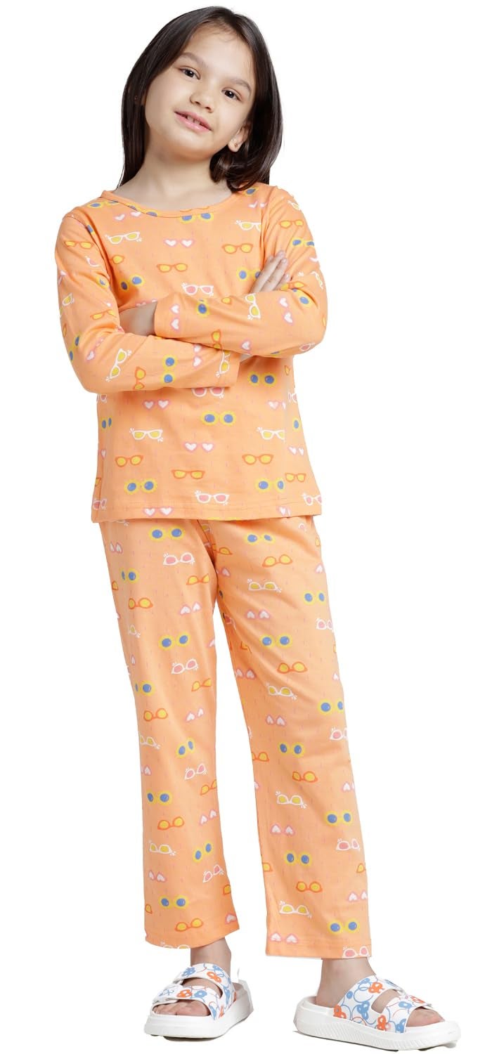 T2f Girls Cotton Pajama Set (GLS-PJS-03_Orange_9-10 years) - Image 1