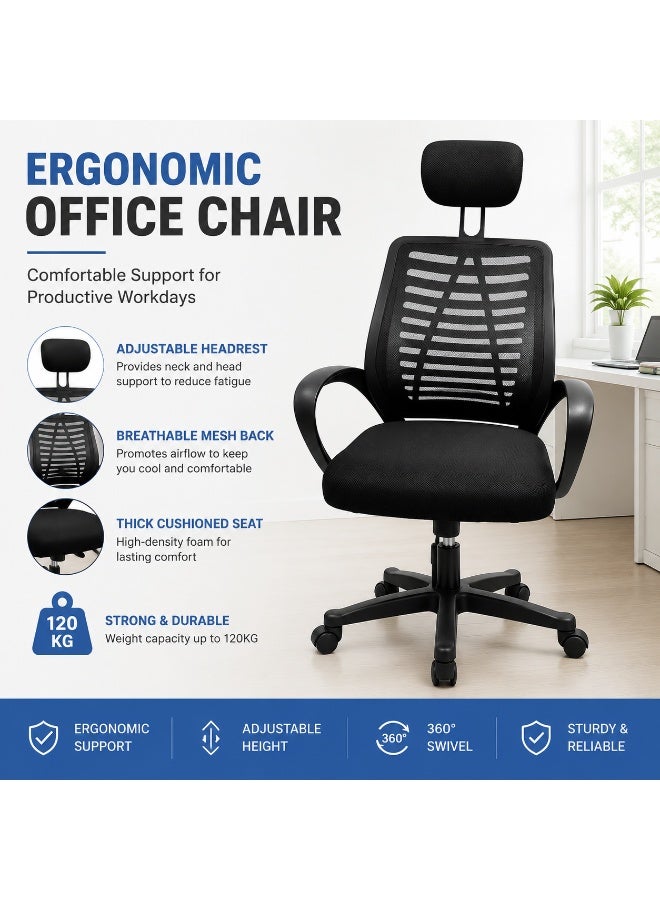 FUOE Swivel Mesh Office Chair &  Gaming Chair &  Computer Chair (with Lumbar Support & Armrests); Height-Adjustable, Breathable Mesh, with Casters, 360° Swivel & Lift Function (Black) - Image 5