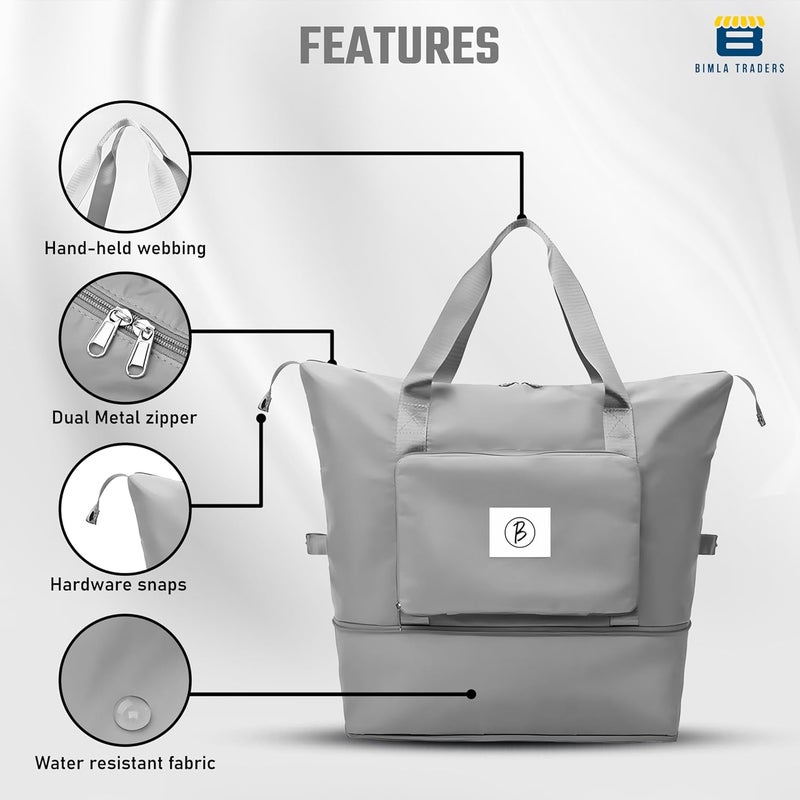 Btag Waterproof Foldable Travel Bag for Women | 41 Liters Capacity | Shoulder Bags | Hand Bag for Ladies Personal Items Expandable Travel Bag, Carry Weekender Luggage for Travelling (Grey) - Image 4