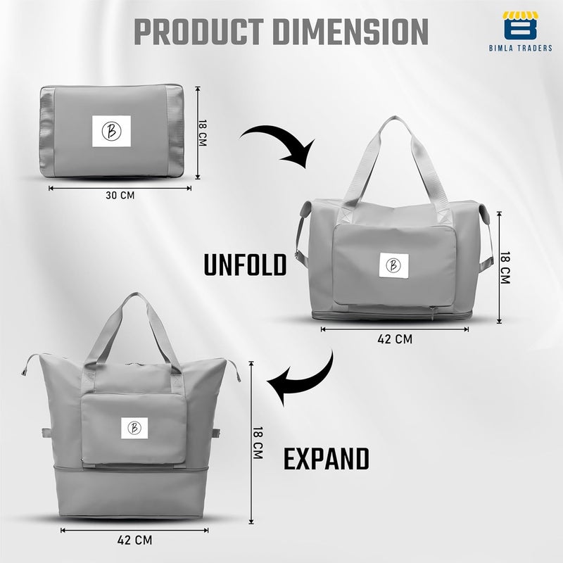 Btag Waterproof Foldable Travel Bag for Women | 41 Liters Capacity | Shoulder Bags | Hand Bag for Ladies Personal Items Expandable Travel Bag, Carry Weekender Luggage for Travelling (Grey) - Image 3