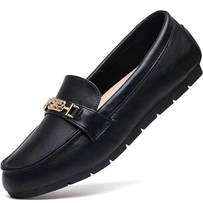 DeYashopin Women's Loafer Shoes Leisure Slip On Work Shoes Comfort Walking Flats Black Leather 7.5 - Image 1