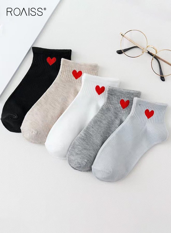roaiss Women's 5 Pairs Crew Socks Casual Cotton Cute Socks Fun Novelty Girl Embroidered Heart Ankle Socks Soft Multipairs Irregular Ankle Socks 5 Pack Breathable - Image 1