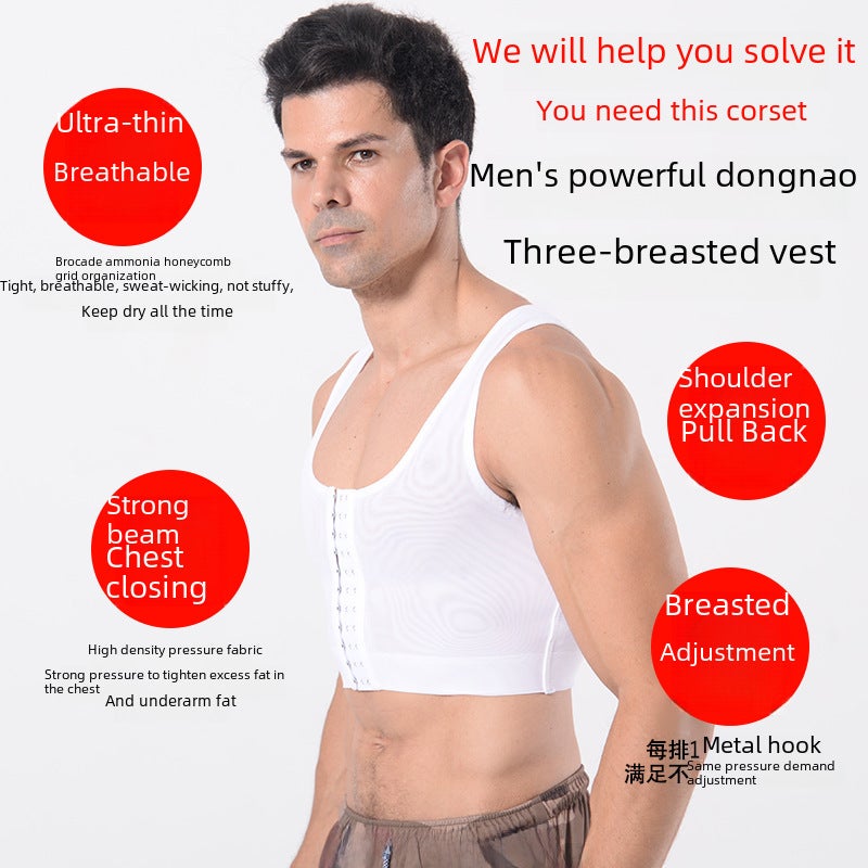 Mens Compression Shirt Slimming Vest Chest Shaper Black  - Image 3