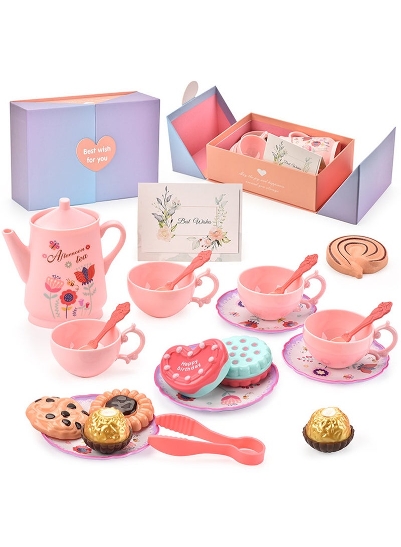 Tea Break Afternoon Tea, Gift Box, Pink Plastic Tea Set With Dessert For Little Girls, Safe And Durable Children'S Tea Party Kitchen Tableware Set Toys, Suitable For Children Over 3 Years Old - Image 1