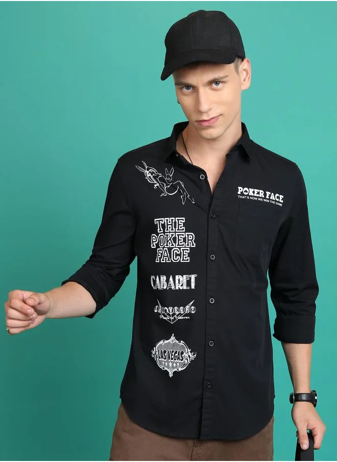 Ketch Spread Collar Slim Fit Typography Print Casual Shirt