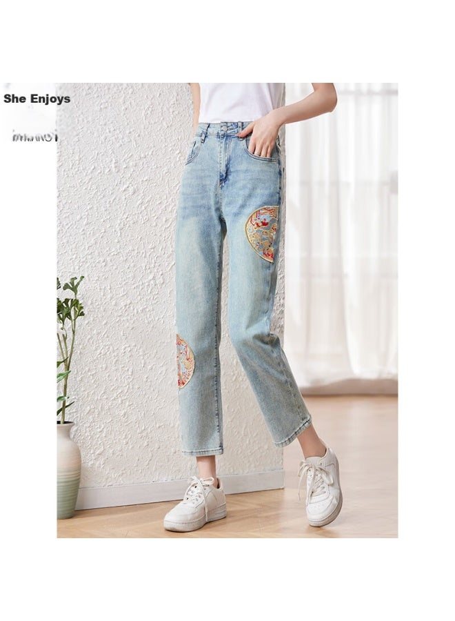 She enjoys She Xiang Jeans For Women, Thin Style, New Retro, Moisture-wicking, Chinese Style, Embroidered Denim Pants, High-end Feel, Ankle-length Pants, T143n4443 - Image 3