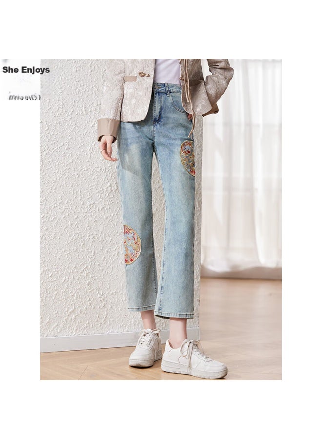 She enjoys She Xiang Jeans For Women, Thin Style, New Retro, Moisture-wicking, Chinese Style, Embroidered Denim Pants, High-end Feel, Ankle-length Pants, T143n4443 - Image 2