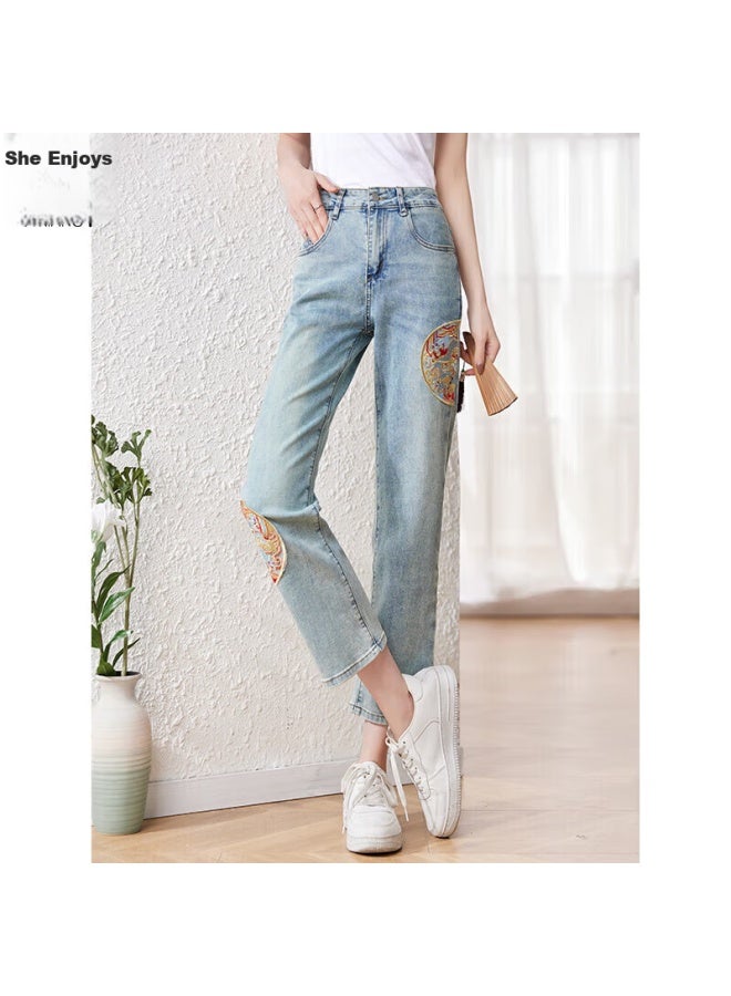 She enjoys She Xiang Jeans For Women, Thin Style, New Retro, Moisture-wicking, Chinese Style, Embroidered Denim Pants, High-end Feel, Ankle-length Pants, T143n4443 - Image 1