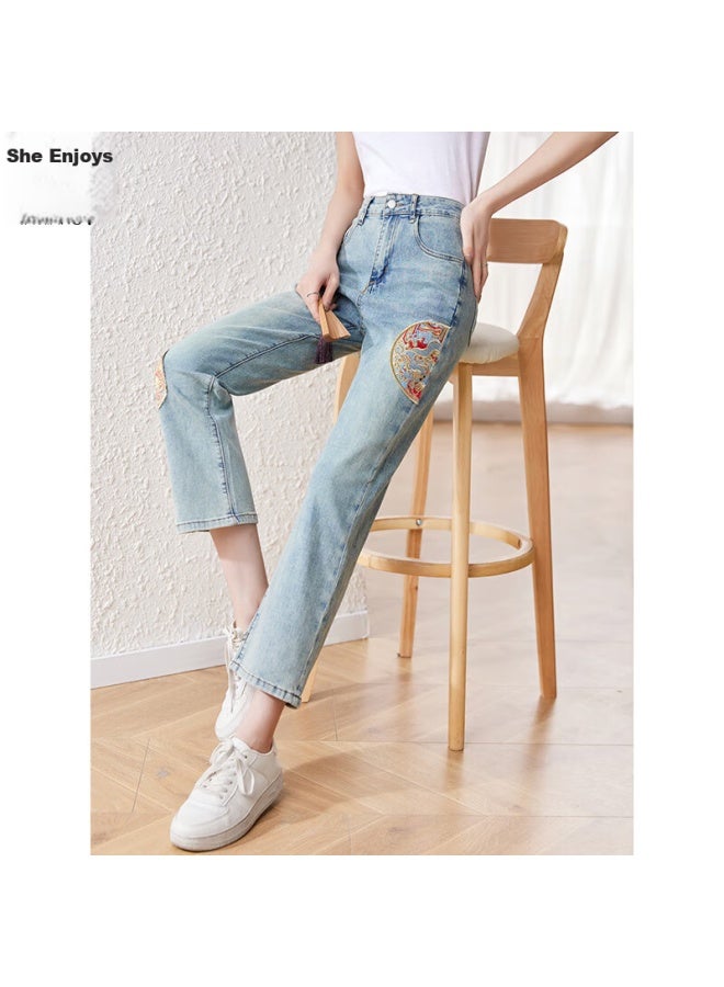 She enjoys She Xiang Jeans For Women, Thin Style, New Retro, Moisture-wicking, Chinese Style, Embroidered Denim Pants, High-end Feel, Ankle-length Pants, T143n4443 - Image 5