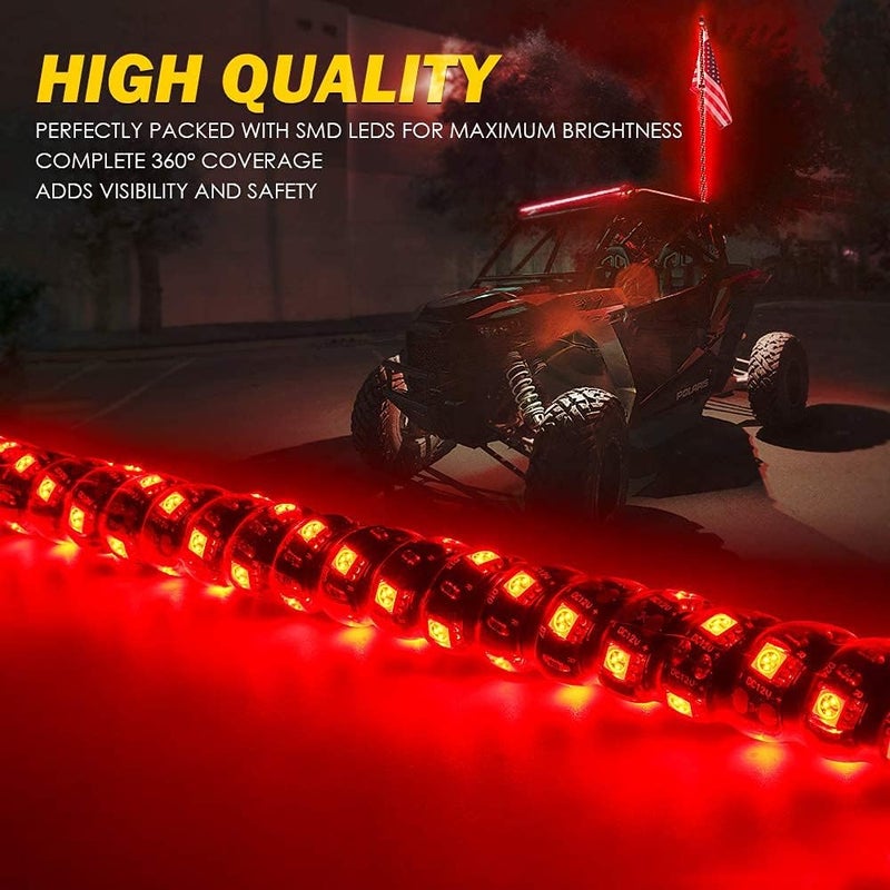 Xprite 5 FT Red LED Spiral Whip Lights, w/American Flag Safety Flexible Antenna Pole Whip Lighting for Offroad Jeep Sand Dune Buggy UTV ATV 4X4 Polaris RZR Trucks Yamaha Can-am Maverick X3 - Image 2