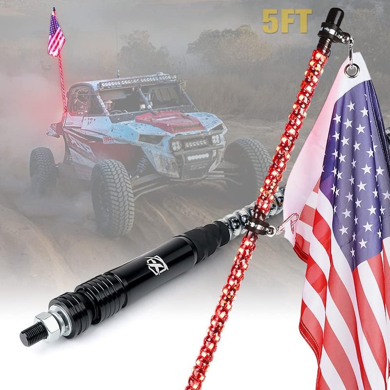 Xprite 5 FT Red LED Spiral Whip Lights, w/American Flag Safety Flexible Antenna Pole Whip Lighting for Offroad Jeep Sand Dune Buggy UTV ATV 4X4 Polaris RZR Trucks Yamaha Can-am Maverick X3 - Image 1