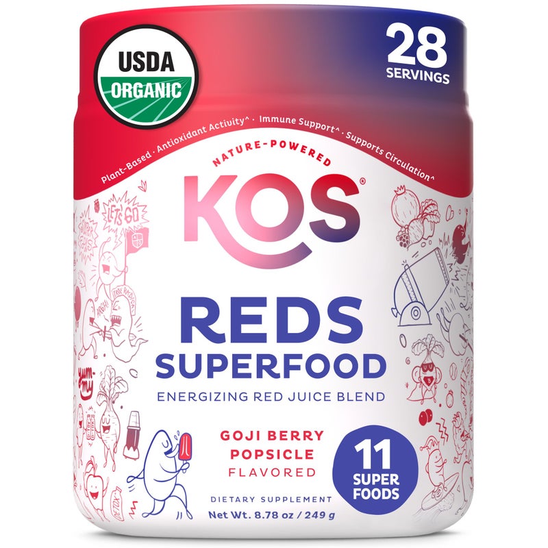 KOS Reds Superfood Powder for Antioxidants - USDA Certified Organic Beet Root, Goji Berries, Acai, Pomegranate, Coconut Water & Digestion Enzymes- Goji Berry Popsicle Flavor Juice Mix - 28 Servings - Image 1