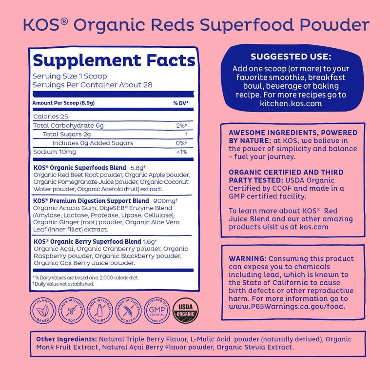 KOS Reds Superfood Powder for Antioxidants - USDA Certified Organic Beet Root, Goji Berries, Acai, Pomegranate, Coconut Water & Digestion Enzymes- Goji Berry Popsicle Flavor Juice Mix - 28 Servings - Image 2
