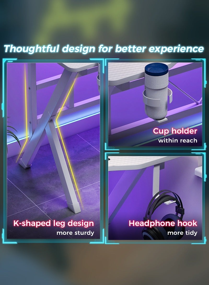 عنيد طاولة العاب على شكل حرف K، طاولة كمبيوتر متينة مع حامل سماعة راس وحامل اكواب، طاولات دراسة بسطح من الياف الكربون وطاولة مكتب العاب للطلاب واللاعبين، 110 × 52 × 75 سم - Image 4