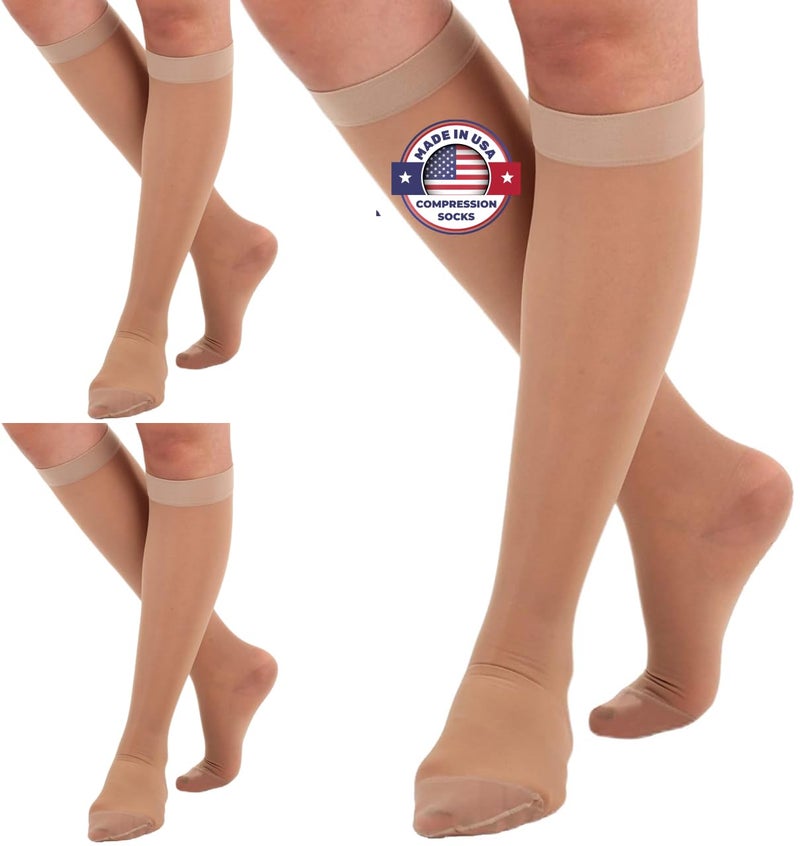 ABSOLUTE SUPPORT (3 Pairs - Closed Toe) Made in USA - Compression Socks for Women 15-20mmHg - Sheer Compression Knee High Stockings for Post Surgery, Pregnancy, Arthritis, Edema - Natural, Large - A101NA3-3 - Image 1