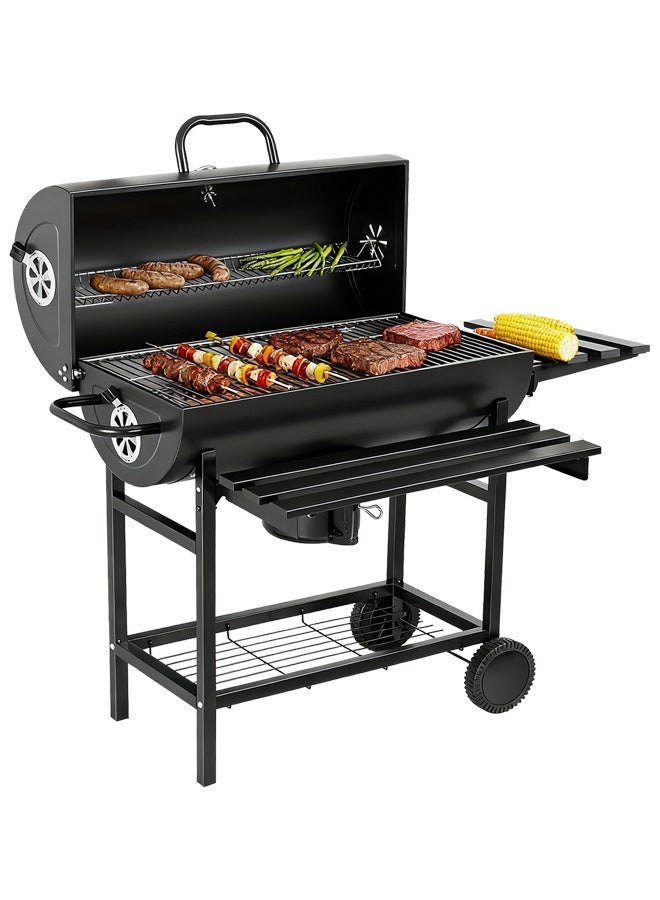 Barrel Charcoal Grill Barbecue Smoker with Shelves, Large capacity 380 Square Inches Cooking Area, Stainless Steel, 4 Air Vents, Ash Collector, Wheels for Outdoor Camping Garden Picnics Backyard