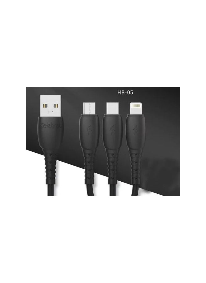 Celebrat - Celebrat HB-05 3 in 1 Portable USB To Type-C, Lightning,Micro Fast Charge And Data Transmission Cable With Smart Design And Practical Fits Mobile Phone 1200mm - Black - Image 1