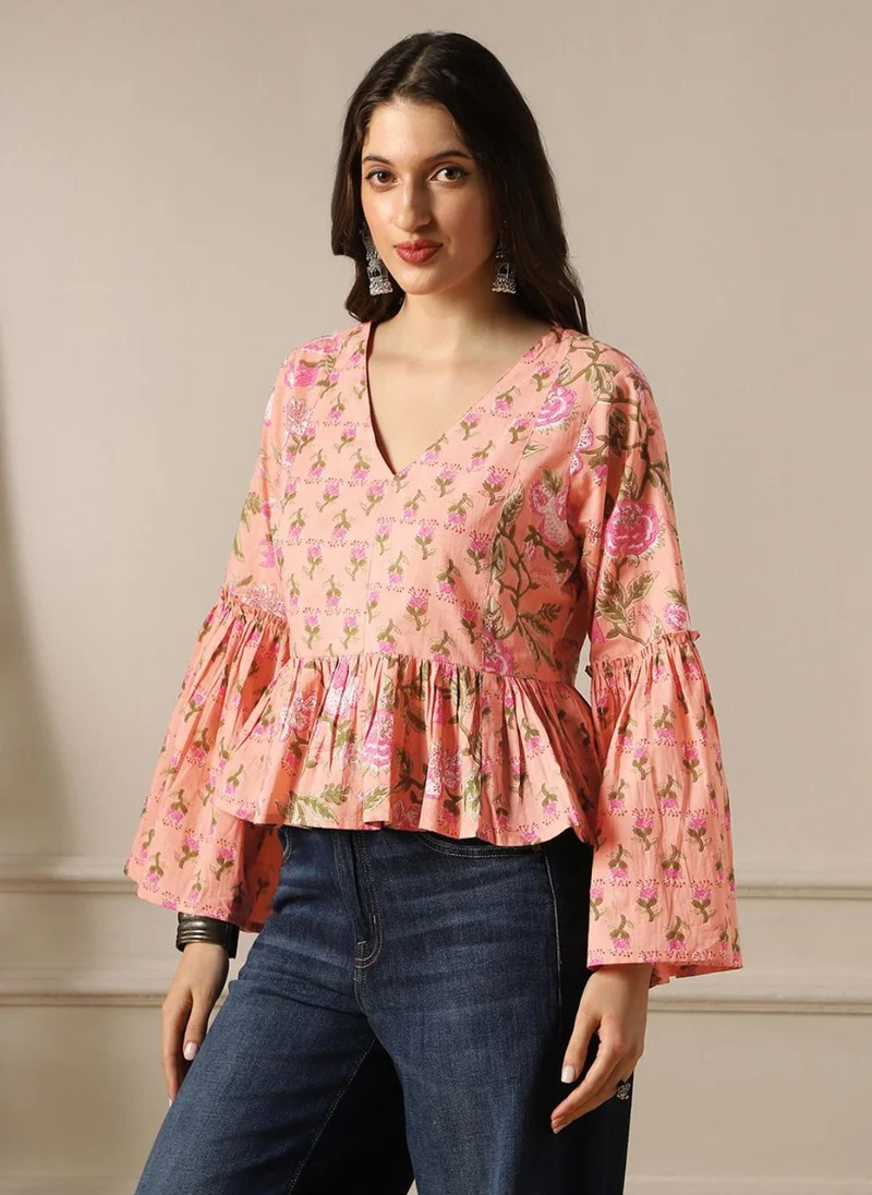 globus Globus Women Peach V-Neck Bell Sleeves Floral Print Panelled Peplum Tunic