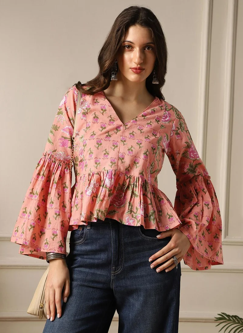 globus Globus Women Peach V-Neck Bell Sleeves Floral Print Panelled Peplum Tunic