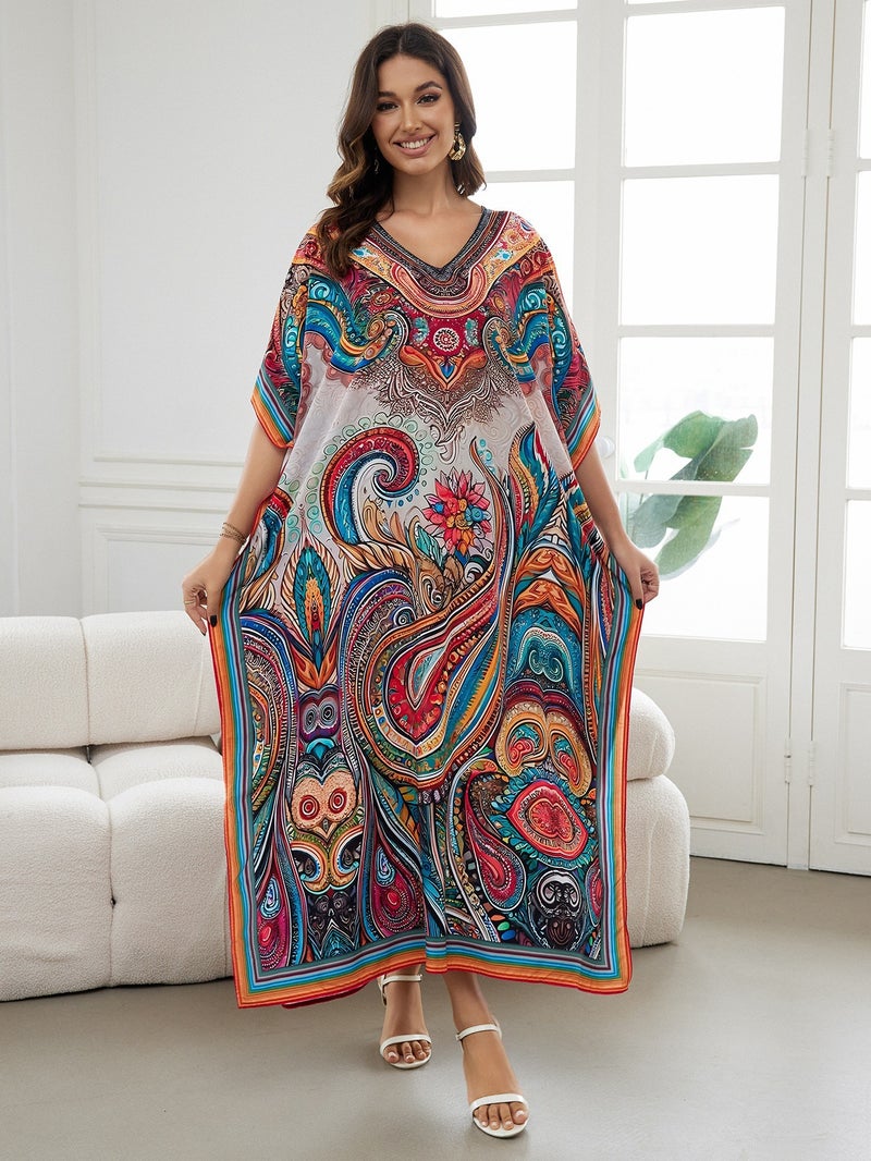 Generic Cross-border European and American rayon tie-dyed beach jumpsuit long dress loose robe bikini swimsuit outer blouse sun protection shirt Zs2277-17 persley