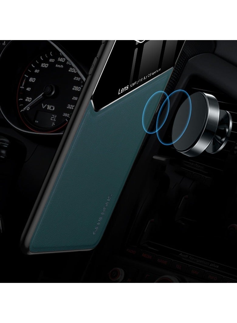 Case Compatible With Xiaomi Redmi 9T/Poco M3, Cover Luxury Leather And Glass With Car Magnetic Holder Phone Cover Soft Frame Silicone - Green