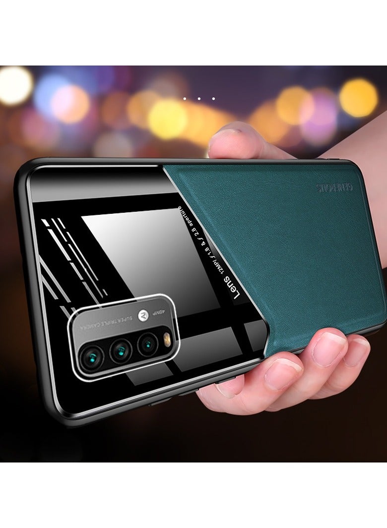 Case Compatible With Xiaomi Redmi 9T/Poco M3, Cover Luxury Leather And Glass With Car Magnetic Holder Phone Cover Soft Frame Silicone - Green
