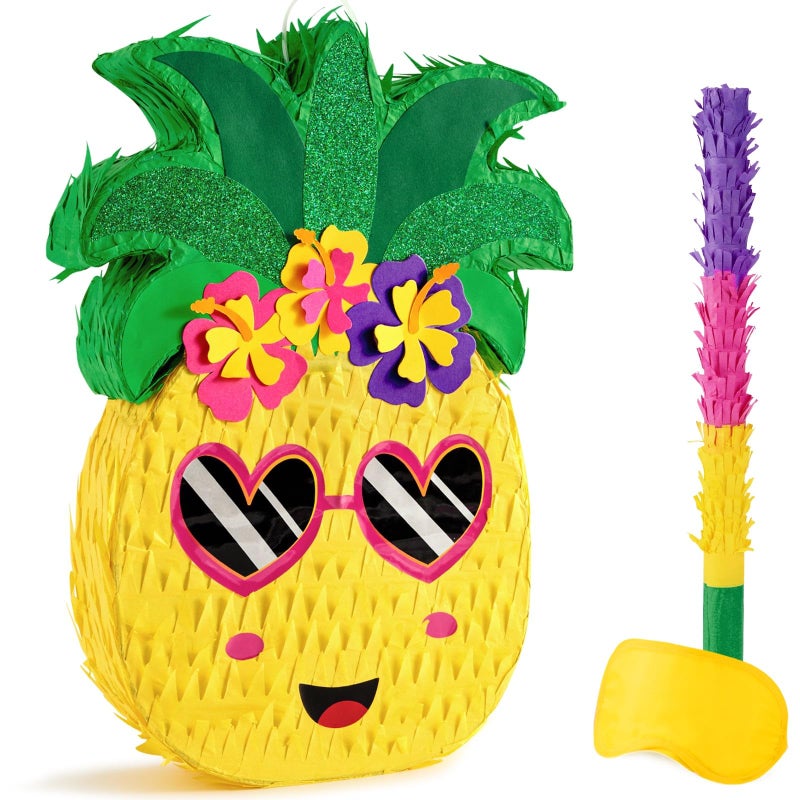 WERNNSAI Small Pineapple Pinata With Blindfold and Bat - Hawaiian Tropical Luau Party Supplies for Girls Boys Kids - Summer Fruit Themed Birthday Party Decorations for Fiestas Carnival - Image 1