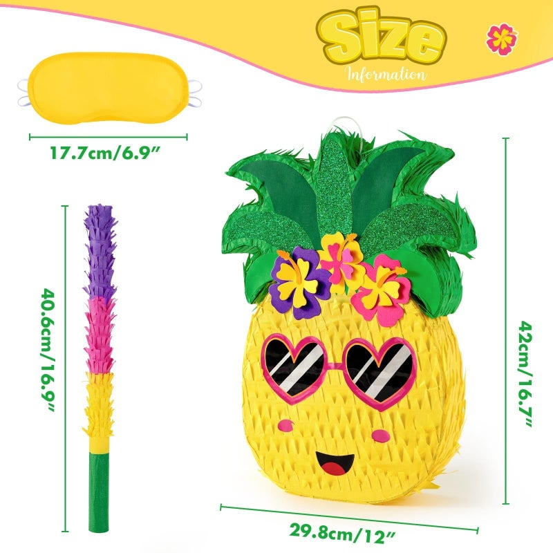 WERNNSAI Small Pineapple Pinata With Blindfold and Bat - Hawaiian Tropical Luau Party Supplies for Girls Boys Kids - Summer Fruit Themed Birthday Party Decorations for Fiestas Carnival - Image 2