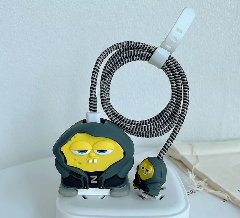 Like Star غطاء حماية 4 في 1 متوافق مع شاحن أبل 20 واط/18 واط USB-C وحافظة حماية وكابل موفر، غطاء شخصية كرتونية ثلاثية الأبعاد 360 درجة للحماية (شبح-أصفر) - Image 2