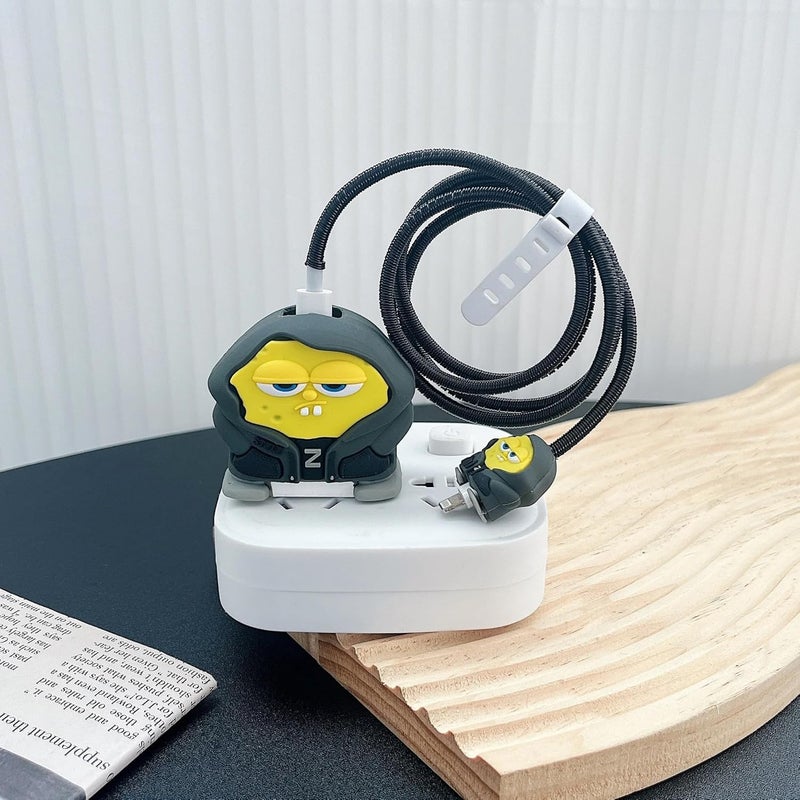 Like Star غطاء حماية 4 في 1 متوافق مع شاحن أبل 20 واط/18 واط USB-C وحافظة حماية وكابل موفر، غطاء شخصية كرتونية ثلاثية الأبعاد 360 درجة للحماية (شبح-أصفر) - Image 5