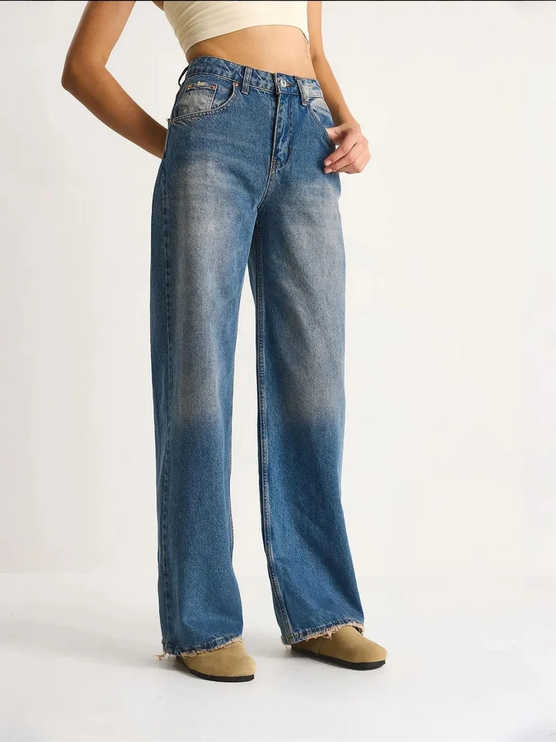 Bianco Lucci Maya Blue LUCCI High Waist Wide Leg Denim Pants for Women | Best Price UAE