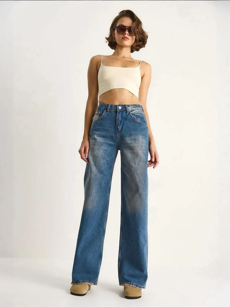 Bianco Lucci Maya Blue LUCCI High Waist Wide Leg Denim Pants for Women | Best Price UAE