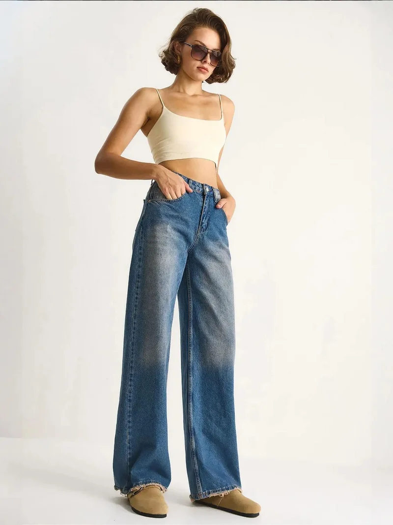 Bianco Lucci Maya Blue LUCCI High Waist Wide Leg Denim Pants for Women | Best Price UAE
