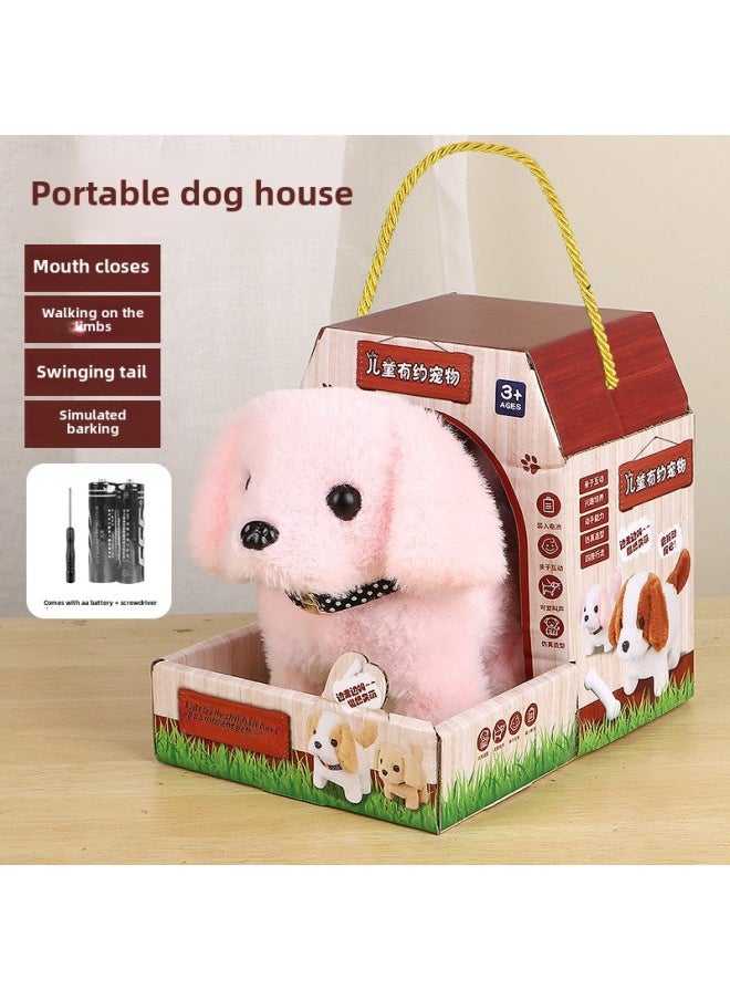 Children's Electric Simulation Small White Rabbit Will Call Girls Pet Doll Backpack Dog Gift Puzzle Plush Toy-Colors:Pink And White Dog + Dog House-Specifications:Rechargeable Battery + Charger  - Image 1