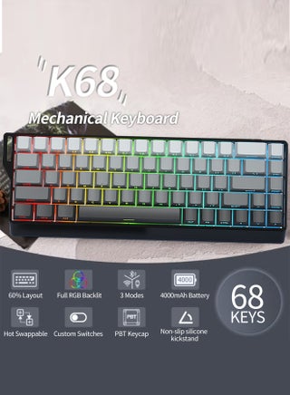 K68 Mechanical Keyboard,60%Tri-Mode Wireless Keyboard RGB Backlit Gaming Keyboard Gasket Hot Swappable Custom Keyboard Printed PBT Keycaps Bluetooth/2.4GHz/USB-C with Custom Switches Keyboard for PC/Gamers/Enthusiasts(Gradient Grey) - view 2