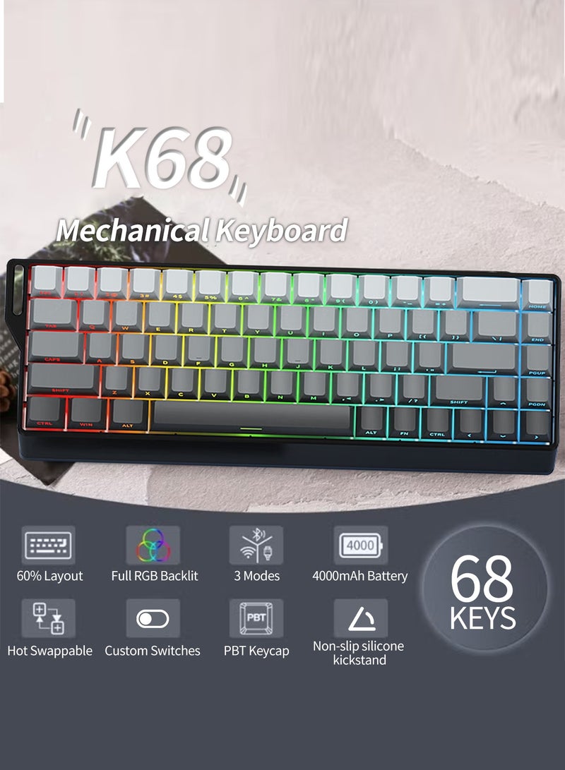 UCHUANG K68 Mechanical Keyboard,60%Tri-Mode Wireless Keyboard RGB Backlit Gaming Keyboard Gasket Hot Swappable Custom Keyboard Printed PBT Keycaps Bluetooth/2.4GHz/USB-C with Custom Switches Keyboard for PC/Gamers/Enthusiasts(Gradient Grey) - Image 2