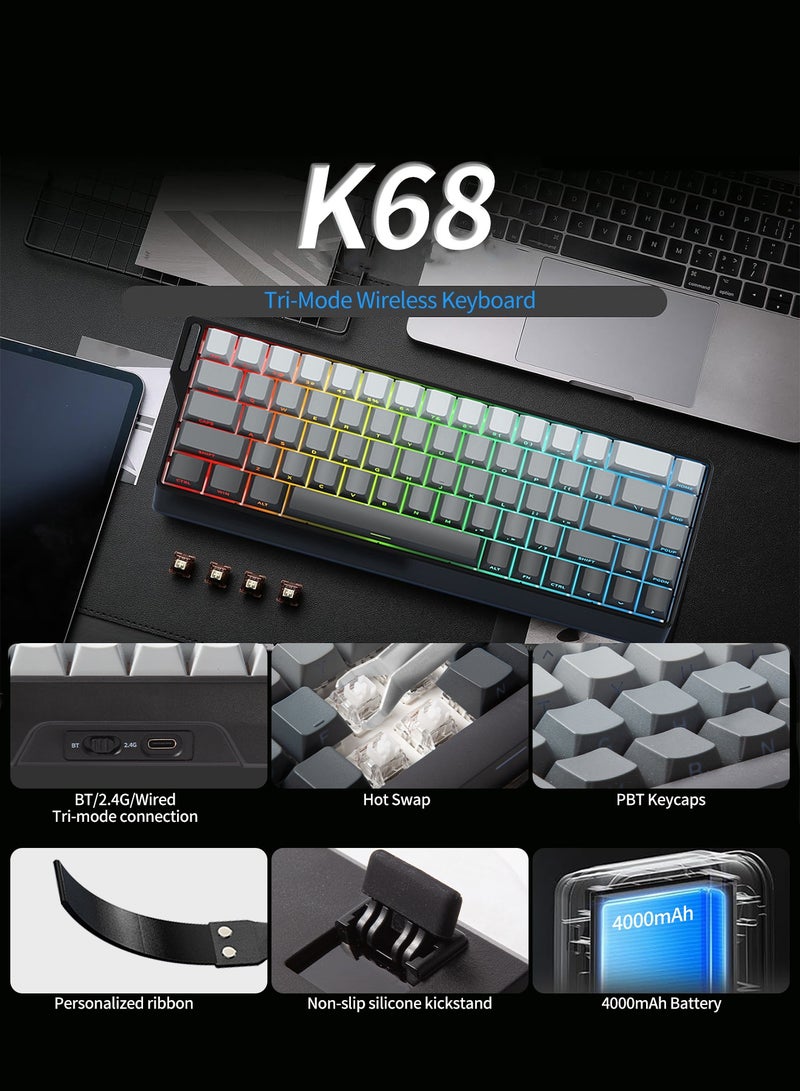 UCHUANG K68 Mechanical Keyboard,60%Tri-Mode Wireless Keyboard RGB Backlit Gaming Keyboard Gasket Hot Swappable Custom Keyboard Printed PBT Keycaps Bluetooth/2.4GHz/USB-C with Custom Switches Keyboard for PC/Gamers/Enthusiasts(Gradient Grey) - Image 3
