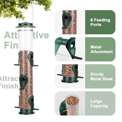 MIXXIDEA 1PK Metal Bird Feeders with 6 Feeding Ports,Tube Bird Feeder with Steel Hanger,Hard Plastic Wild Bird Feeder for Outdoors Hanging, Attracting Birds in Your Lawn, Garden, Balcony–Green - Image 3
