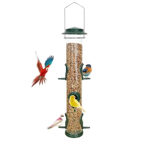 MIXXIDEA 1PK Metal Bird Feeders with 6 Feeding Ports,Tube Bird Feeder with Steel Hanger,Hard Plastic Wild Bird Feeder for Outdoors Hanging, Attracting Birds in Your Lawn, Garden, Balcony–Green - Image 1