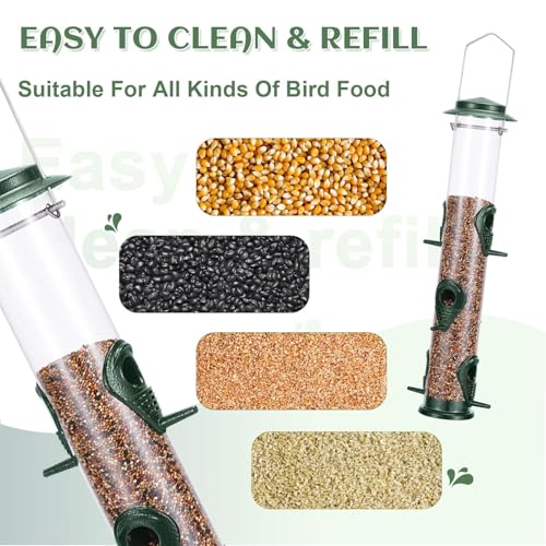 MIXXIDEA 1PK Metal Bird Feeders with 6 Feeding Ports,Tube Bird Feeder with Steel Hanger,Hard Plastic Wild Bird Feeder for Outdoors Hanging, Attracting Birds in Your Lawn, Garden, Balcony–Green - Image 2