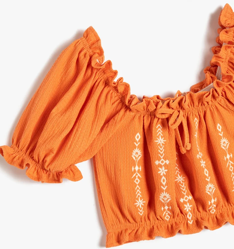 KOTON Crop Blouse Ruffled Embroidered Gathered Front Short Sleeve