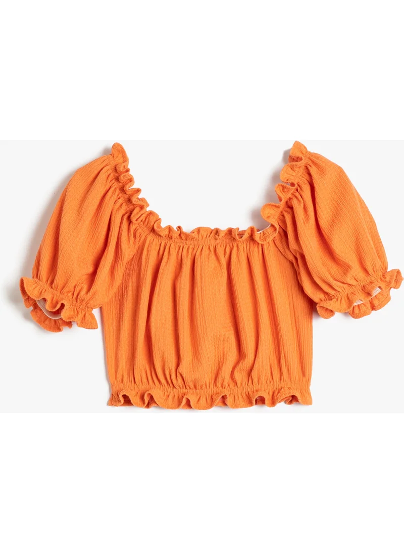 كوتون Crop Blouse Ruffled Embroidered Gathered Front Short Sleeve