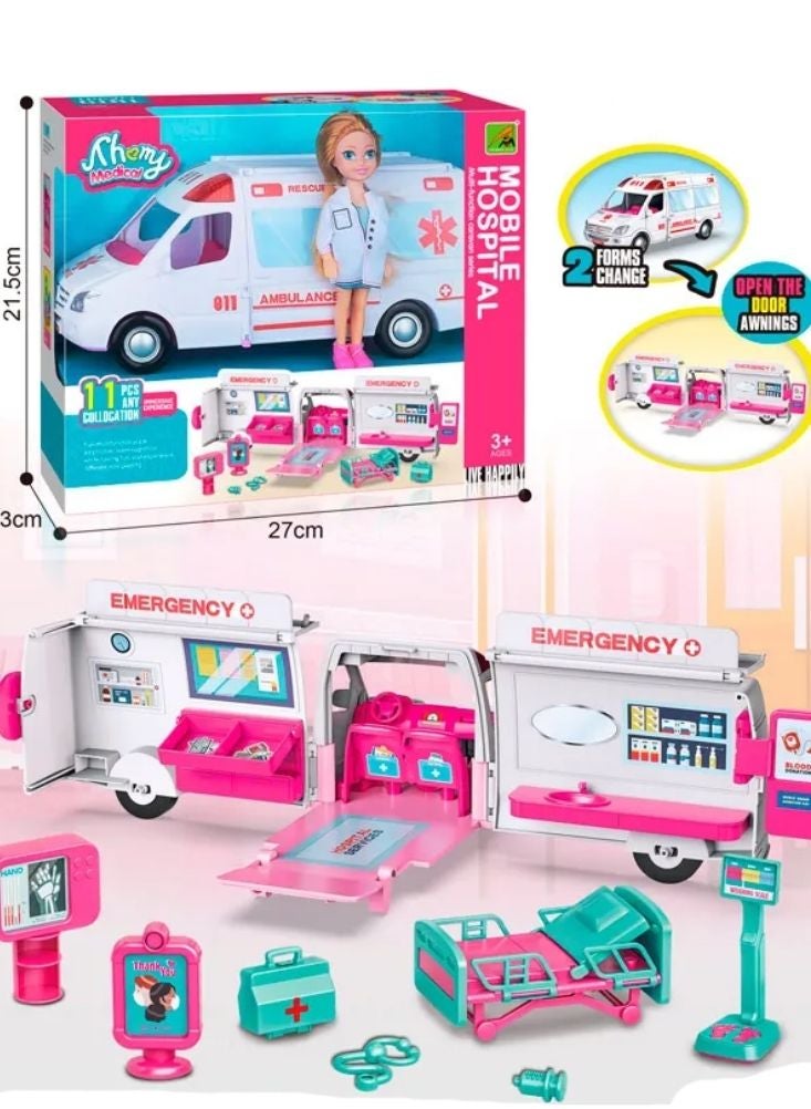 Premium Pink & White Mobile Hospital Playset with Ambulance, Doctor Doll & Medical Accessories for Kids - Image 1