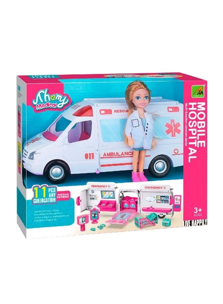 Premium Pink & White Mobile Hospital Playset with Ambulance, Doctor Doll & Medical Accessories for Kids - Image 2