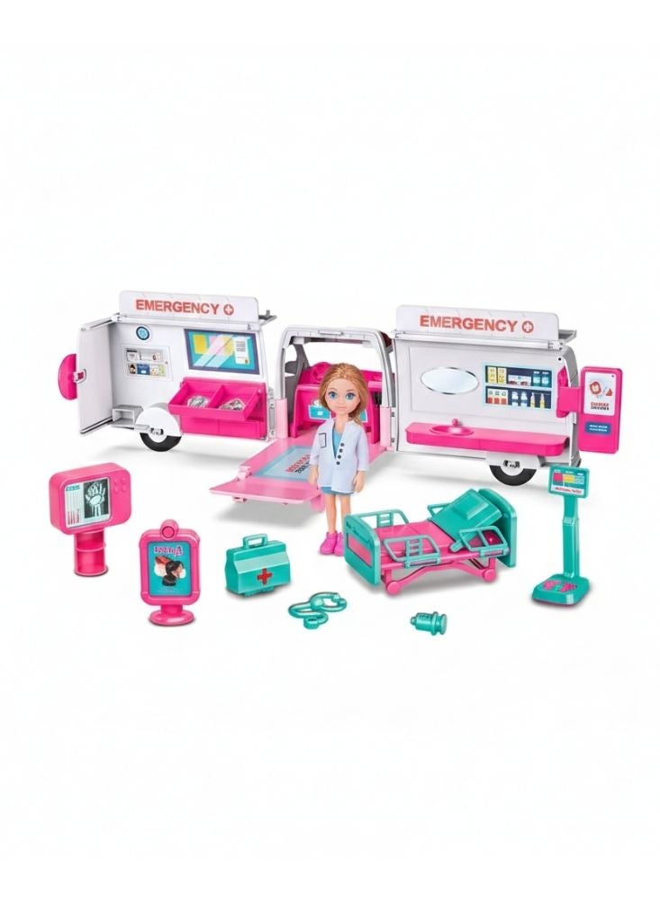 Premium Pink & White Mobile Hospital Playset with Ambulance, Doctor Doll & Medical Accessories for Kids - Image 3