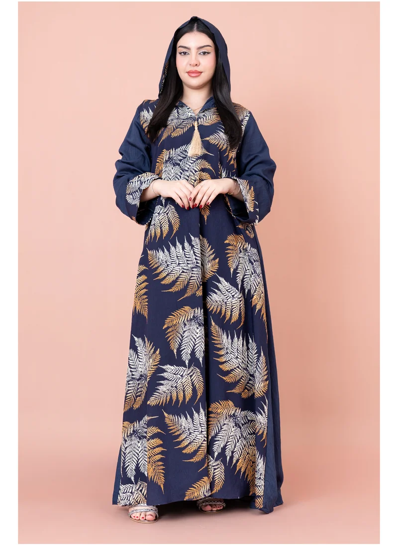 IKKXA Hooded Leaf Print Jalabiya