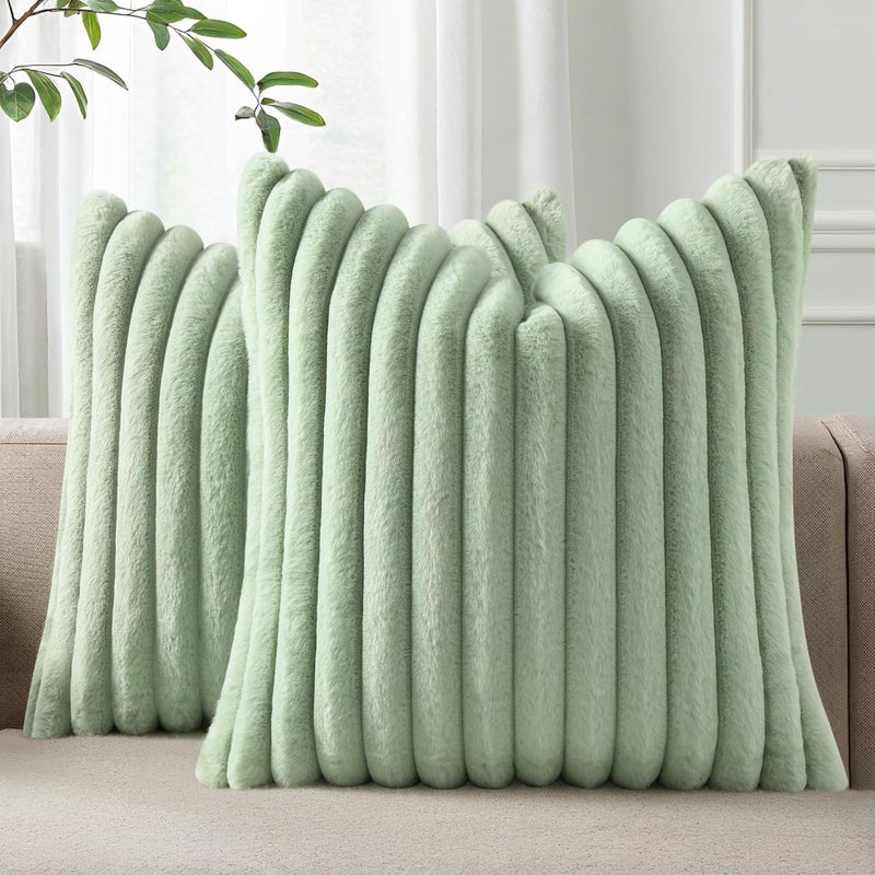 Pallene Faux Fur Plush Throw Pillow Covers 24x24 Set of 2, Luxury Soft Fluffy Striped Decorative Pillow Covers for Sofa, Couch, Living Room, Sage Green - Image 1