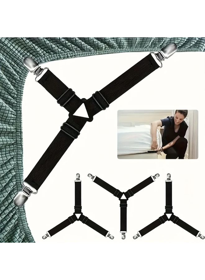 Black Heavy Duty Non Slip Bed Sheet Grips 4pcs Adjustable Strap Corner Clamps Mattress Tablecloth Sofa Cover - Image 1